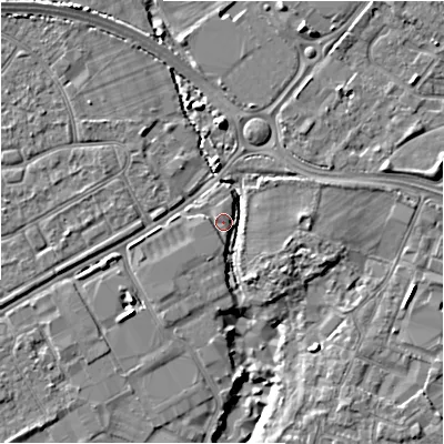 Shaded relief map of the ground around BH233FN, computed from Environment Agency LiDAR. The ground here sits at about 8 m above sea level and falls 6 m across the surrounding 800 m. Surface water reaching this point runs off ground lying to the west-north-west, 0.8 m higher.