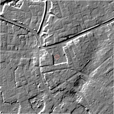 Shaded relief map of the ground around BH233HB, computed from Environment Agency LiDAR. The ground here sits at about 5 m above sea level and falls 8 m across the surrounding 800 m. Surface water reaching this point runs off ground lying to the north-east, 3.2 m higher.