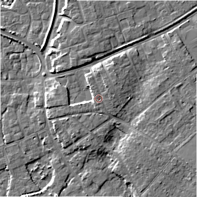 Shaded relief map of the ground around BH233HG, computed from Environment Agency LiDAR. The ground here sits at about 7 m above sea level and falls 8 m across the surrounding 800 m. Surface water reaching this point runs off ground lying to the north-north-east, 1.6 m higher.