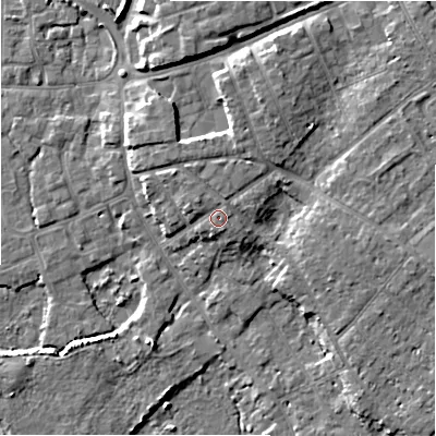 Shaded relief map of the ground around BH233HH, computed from Environment Agency LiDAR. The ground here sits at about 6 m above sea level and falls 8 m across the surrounding 800 m. Surface water reaching this point runs off ground lying to the north-west, 1.1 m higher.