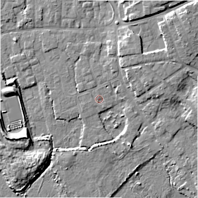 Shaded relief map of the ground around BH233LN, computed from Environment Agency LiDAR. The ground here sits at about 2 m above sea level and falls 9 m across the surrounding 800 m. Surface water reaching this point runs off ground lying to the north-east, 5.3 m higher.