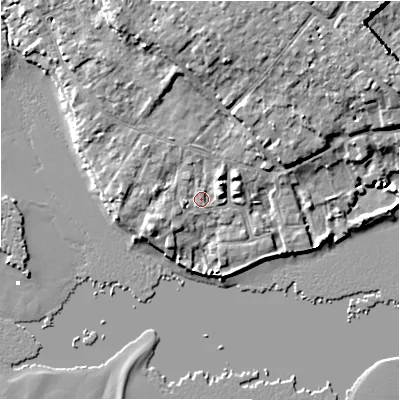Shaded relief map of the ground around BH233LS, computed from Environment Agency LiDAR. The ground here sits at about 3 m above sea level and falls 9 m across the surrounding 800 m. Surface water reaching this point runs off ground lying to the north-north-east, 5.7 m higher.