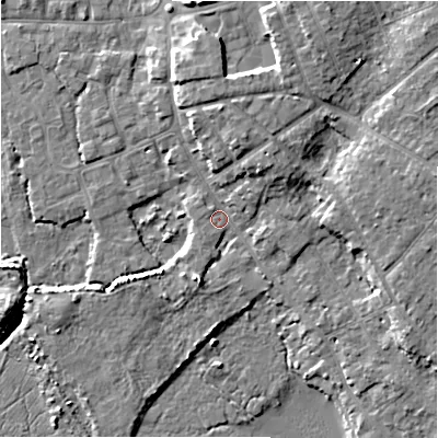 Shaded relief map of the ground around BH233NA, computed from Environment Agency LiDAR. The ground here sits at about 3 m above sea level and falls 9 m across the surrounding 800 m. Surface water reaching this point runs off ground lying to the north-north-east, 4.9 m higher.