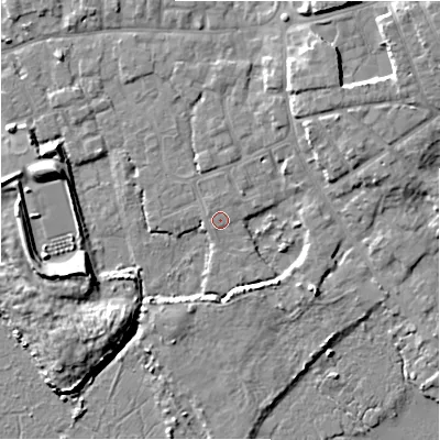 Shaded relief map of the ground around BH233NB, computed from Environment Agency LiDAR. The ground here sits at about 2 m above sea level and falls 9 m across the surrounding 800 m. Surface water reaching this point runs off ground lying to the north-west, 0.6 m higher.