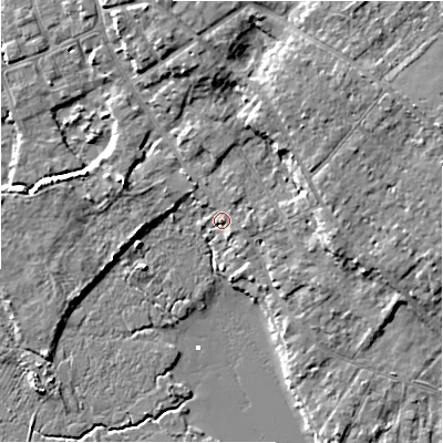 Shaded relief map of the ground around BH233ND, computed from Environment Agency LiDAR. The ground here sits at about 3 m above sea level and falls 9 m across the surrounding 800 m. Surface water reaching this point runs off ground lying to the east-south-east, 2.2 m higher.