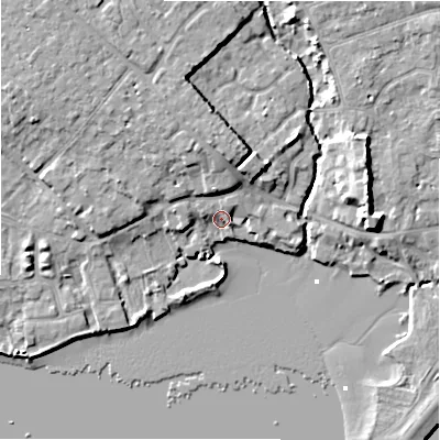 Shaded relief map of the ground around BH233NJ, computed from Environment Agency LiDAR. The ground here sits at about 2 m above sea level and falls 9 m across the surrounding 800 m. Surface water reaching this point runs off ground lying to the north, 2.2 m higher.