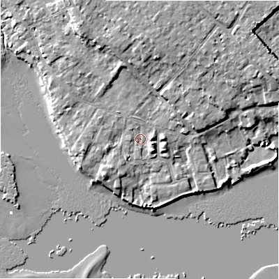 Shaded relief map of the ground around BH233NQ, computed from Environment Agency LiDAR. The ground here sits at about 2 m above sea level and falls 9 m across the surrounding 800 m. Surface water reaching this point runs off ground lying to the north-north-east, 5.9 m higher.
