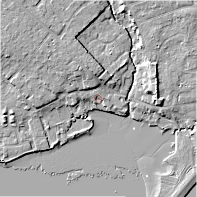 Shaded relief map of the ground around BH233NT, computed from Environment Agency LiDAR. The ground here sits at about 2 m above sea level and falls 9 m across the surrounding 800 m. Surface water reaching this point runs off ground lying to the north-west, 2.3 m higher.
