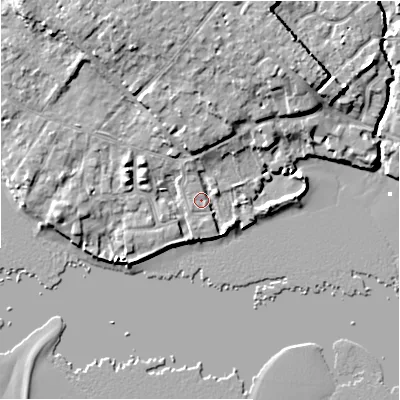 Shaded relief map of the ground around BH233NU, computed from Environment Agency LiDAR. The ground here sits at about 2 m above sea level and falls 9 m across the surrounding 800 m. Surface water reaching this point runs off ground lying to the north-north-west, 1.9 m higher.