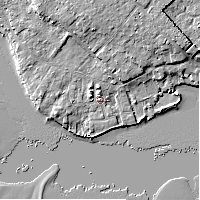 Shaded relief map of the ground around BH233NX, computed from Environment Agency LiDAR. The ground here sits at about 3 m above sea level and falls 9 m across the surrounding 800 m. Surface water reaching this point runs off ground lying to the north-north-east, 5.8 m higher.