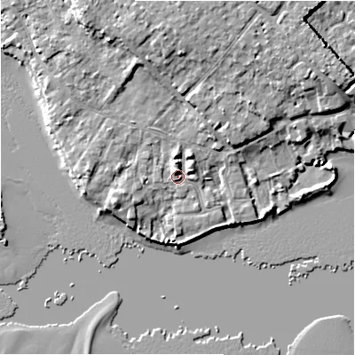 Shaded relief map of the ground around BH233NY, computed from Environment Agency LiDAR. The ground here sits at about 2 m above sea level and falls 9 m across the surrounding 800 m. Surface water reaching this point runs off ground lying to the north-north-east, 5.7 m higher.