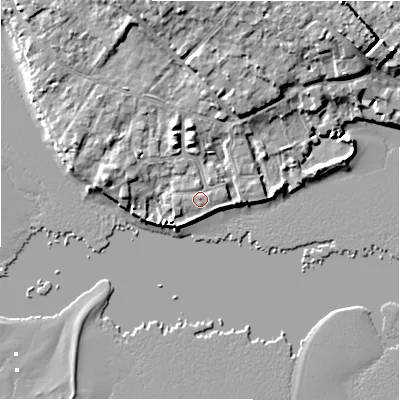 Shaded relief map of the ground around BH233NZ, computed from Environment Agency LiDAR. The ground here sits at about 2 m above sea level and falls 9 m across the surrounding 800 m. Surface water reaching this point runs off ground lying to the north, 0.5 m higher.
