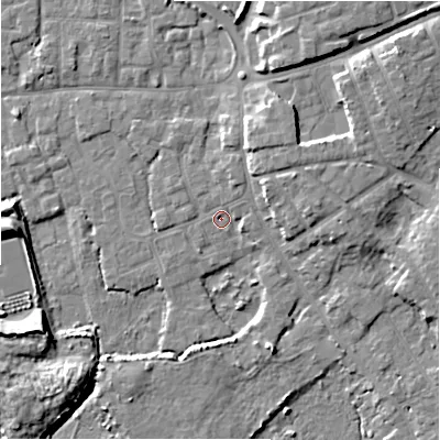 Shaded relief map of the ground around BH233PA, computed from Environment Agency LiDAR. The ground here sits at about 2 m above sea level and falls 8 m across the surrounding 800 m. Surface water reaching this point runs off ground lying to the east-north-east, 5.7 m higher.