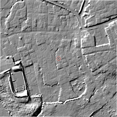 Shaded relief map of the ground around BH233PB, computed from Environment Agency LiDAR. The ground here sits at about 2 m above sea level and falls 8 m across the surrounding 800 m. Surface water reaching this point runs off ground lying to the north-north-east, 1.7 m higher.