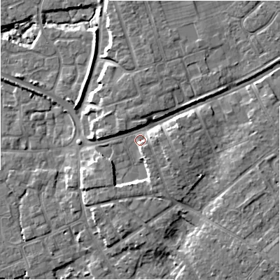 Shaded relief map of the ground around BH233PF, computed from Environment Agency LiDAR. The ground here sits at about 6 m above sea level and falls 8 m across the surrounding 800 m. Surface water reaching this point runs off ground lying to the north, 3.5 m higher.