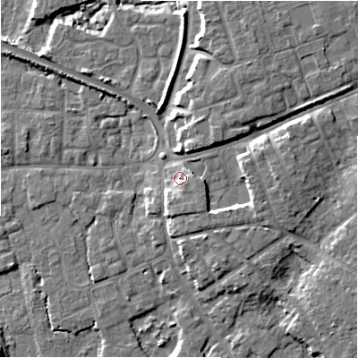 Shaded relief map of the ground around BH233PH, computed from Environment Agency LiDAR. The ground here sits at about 6 m above sea level and falls 8 m across the surrounding 800 m. Surface water reaching this point runs off ground lying to the south-east, 2.7 m higher.