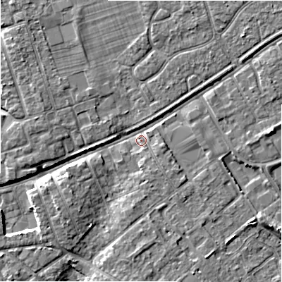 Shaded relief map of the ground around BH233PP, computed from Environment Agency LiDAR. The ground here sits at about 7 m above sea level and falls 5 m across the surrounding 800 m. Surface water reaching this point runs off ground lying to the east-south-east, 2.2 m higher.