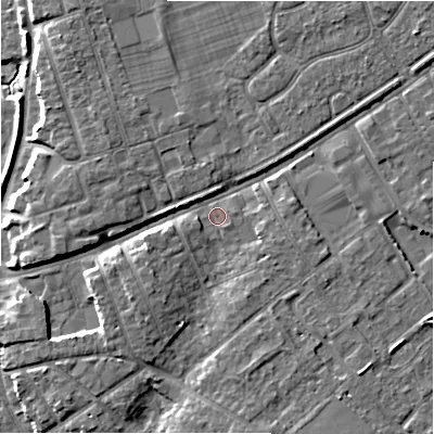 Shaded relief map of the ground around BH233QA, computed from Environment Agency LiDAR. The ground here sits at about 6 m above sea level and falls 7 m across the surrounding 800 m. Surface water reaching this point runs off ground lying to the north-east, 2.5 m higher.
