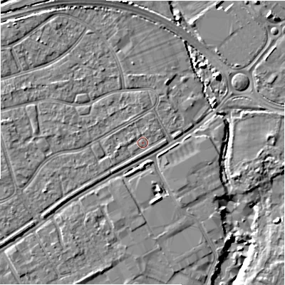 Shaded relief map of the ground around BH233QG, computed from Environment Agency LiDAR. The ground here sits at about 8 m above sea level and falls 6 m across the surrounding 800 m. Surface water reaching this point runs off ground lying to the north, 0.6 m higher.
