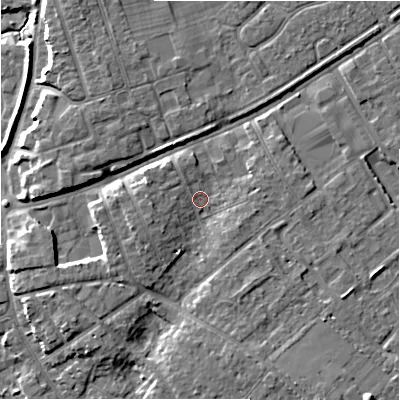Shaded relief map of the ground around BH233QN, computed from Environment Agency LiDAR. The ground here sits at about 6 m above sea level and falls 8 m across the surrounding 800 m. Surface water reaching this point runs off ground lying to the east, 1.8 m higher.