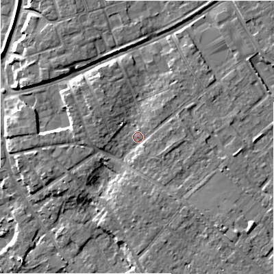 Shaded relief map of the ground around BH233QR, computed from Environment Agency LiDAR. The ground here sits at about 6 m above sea level and falls 9 m across the surrounding 800 m. Surface water reaching this point runs off ground lying to the east-north-east, 2.5 m higher.
