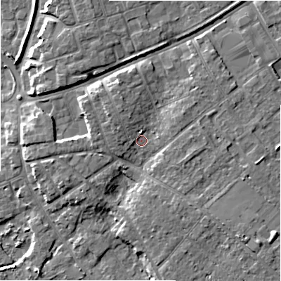 Shaded relief map of the ground around BH233QY, computed from Environment Agency LiDAR. The ground here sits at about 6 m above sea level and falls 9 m across the surrounding 800 m. Surface water reaching this point runs off ground lying to the north-north-west, 2.7 m higher.
