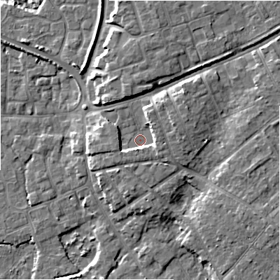 Shaded relief map of the ground around BH233RQ, computed from Environment Agency LiDAR. The ground here sits at about 5 m above sea level and falls 8 m across the surrounding 800 m. Surface water reaching this point runs off ground lying to the north-east, 3.0 m higher.