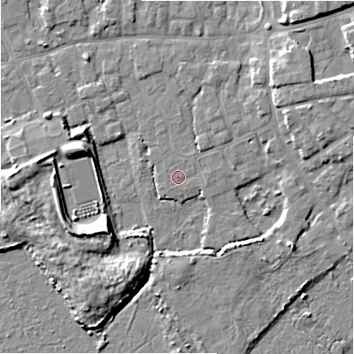 Shaded relief map of the ground around BH233TL, computed from Environment Agency LiDAR. The ground here sits at about 2 m above sea level and falls 8 m across the surrounding 800 m. The ground contributing surface water to this point lies to the north-east.