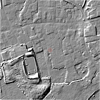 Shaded relief map of the ground around BH233TN, computed from Environment Agency LiDAR. The ground here sits at about 2 m above sea level and falls 9 m across the surrounding 800 m. Surface water reaching this point runs off ground lying to the north-east, 1.9 m higher.