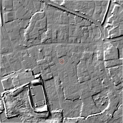 Shaded relief map of the ground around BH233TP, computed from Environment Agency LiDAR. The ground here sits at about 2 m above sea level and falls 9 m across the surrounding 800 m. Surface water reaching this point runs off ground lying to the north-north-west, 1.1 m higher.