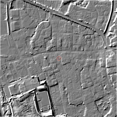 Shaded relief map of the ground around BH233TR, computed from Environment Agency LiDAR. The ground here sits at about 2 m above sea level and falls 9 m across the surrounding 800 m. Surface water reaching this point runs off ground lying to the east-south-east, 0.8 m higher.