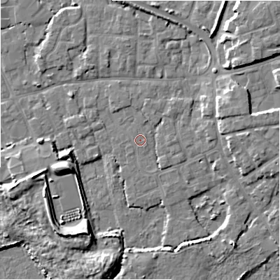 Shaded relief map of the ground around BH233TW, computed from Environment Agency LiDAR. The ground here sits at about 2 m above sea level and falls 8 m across the surrounding 800 m. Surface water reaching this point runs off ground lying to the north-east, 1.7 m higher.