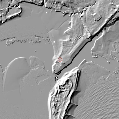 Shaded relief map of the ground around BH234AB, computed from Environment Agency LiDAR. The ground here sits at about 1 m above sea level and falls 6 m across the surrounding 800 m. Surface water reaching this point runs off ground lying to the south-east, 1.6 m higher.