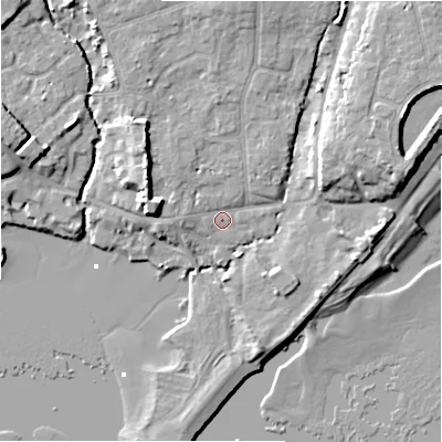 Shaded relief map of the ground around BH234AF, computed from Environment Agency LiDAR. The ground here sits at about 2 m above sea level and falls 9 m across the surrounding 800 m. Surface water reaching this point runs off ground lying to the west-north-west, 5.3 m higher.
