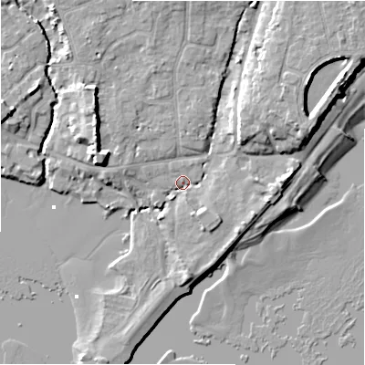 Shaded relief map of the ground around BH234AJ, computed from Environment Agency LiDAR. The ground here sits at about 2 m above sea level and falls 10 m across the surrounding 800 m. Surface water reaching this point runs off ground lying to the north-east, 7.1 m higher.
