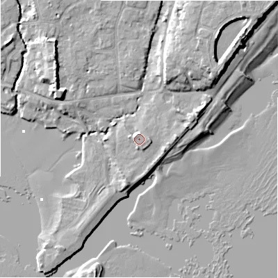 Shaded relief map of the ground around BH234AL, computed from Environment Agency LiDAR. The ground here sits at about 4 m above sea level and falls 10 m across the surrounding 800 m. Surface water reaching this point runs off ground lying to the north-west, 1.1 m higher.
