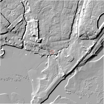Shaded relief map of the ground around BH234AQ, computed from Environment Agency LiDAR. The ground here sits at about 2 m above sea level and falls 9 m across the surrounding 800 m. Surface water reaching this point runs off ground lying to the north-east, 7.7 m higher.
