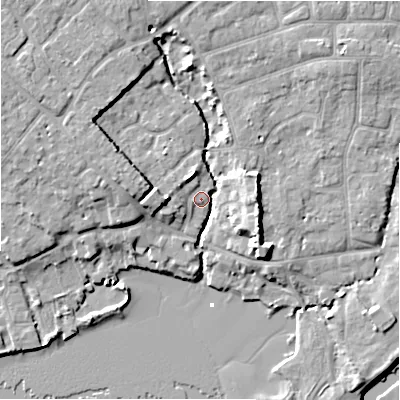 Shaded relief map of the ground around BH234AR, computed from Environment Agency LiDAR. The ground here sits at about 3 m above sea level and falls 9 m across the surrounding 800 m. Surface water reaching this point runs off ground lying to the west-north-west, 7.2 m higher.