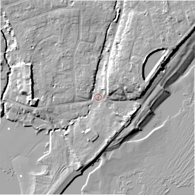 Shaded relief map of the ground around BH234AY, computed from Environment Agency LiDAR. The ground here sits at about 2 m above sea level and falls 10 m across the surrounding 800 m. Surface water reaching this point runs off ground lying to the north-east, 6.8 m higher.