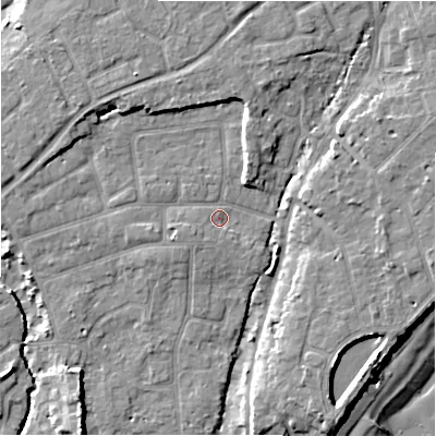 Shaded relief map of the ground around BH234BS, computed from Environment Agency LiDAR. The ground here sits at about 5 m above sea level and falls 10 m across the surrounding 800 m. Surface water reaching this point runs off ground lying to the west-south-west, 1.7 m higher.
