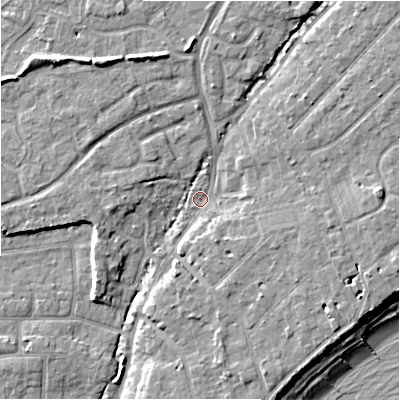 Shaded relief map of the ground around BH234DP, computed from Environment Agency LiDAR. The ground here sits at about 5 m above sea level and falls 11 m across the surrounding 800 m. Surface water reaching this point runs off ground lying to the north-east, 4.3 m higher.