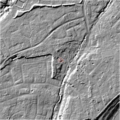 Shaded relief map of the ground around BH234DR, computed from Environment Agency LiDAR. The ground here sits at about 6 m above sea level and falls 11 m across the surrounding 800 m. Surface water reaching this point runs off ground lying to the north-north-west, 2.3 m higher.