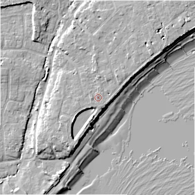 Shaded relief map of the ground around BH234DX, computed from Environment Agency LiDAR. The ground here sits at about 7 m above sea level and falls 10 m across the surrounding 800 m. The ground contributing surface water to this point lies to the north-north-west.
