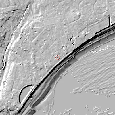 Shaded relief map of the ground around BH234DY, computed from Environment Agency LiDAR. The ground here sits at about 8 m above sea level and falls 11 m across the surrounding 800 m. Surface water reaching this point runs off ground lying to the north-east, 3.5 m higher.