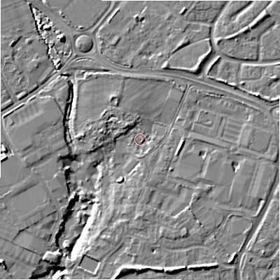 Shaded relief map of the ground around BH234FT, computed from Environment Agency LiDAR. The ground here sits at about 7 m above sea level and falls 7 m across the surrounding 800 m. Surface water reaching this point runs off ground lying to the east, 3.0 m higher.