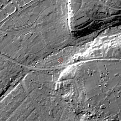 Shaded relief map of the ground around BH234HW, computed from Environment Agency LiDAR. The ground here sits at about 11 m above sea level and falls 17 m across the surrounding 800 m. Surface water reaching this point runs off ground lying to the east, 11.7 m higher.