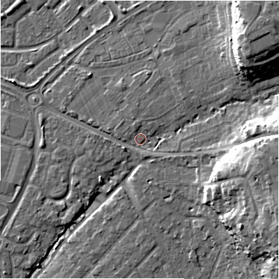 Shaded relief map of the ground around BH234HX, computed from Environment Agency LiDAR. The ground here sits at about 10 m above sea level and falls 17 m across the surrounding 800 m. Surface water reaching this point runs off ground lying to the north-east, 12.7 m higher.