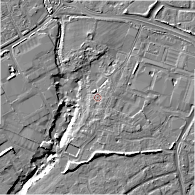 Shaded relief map of the ground around BH234HY, computed from Environment Agency LiDAR. The ground here sits at about 8 m above sea level and falls 8 m across the surrounding 800 m. Surface water reaching this point runs off ground lying to the north-north-west, 1.4 m higher.