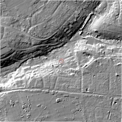 Shaded relief map of the ground around BH234NE, computed from Environment Agency LiDAR. The ground here sits at about 16 m above sea level and falls 14 m across the surrounding 800 m. Surface water reaching this point runs off ground lying to the east-south-east, 9.6 m higher.