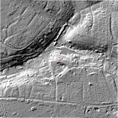 Shaded relief map of the ground around BH234NF, computed from Environment Agency LiDAR. The ground here sits at about 21 m above sea level and falls 13 m across the surrounding 800 m. Surface water reaching this point runs off ground lying to the south-east, 3.4 m higher.